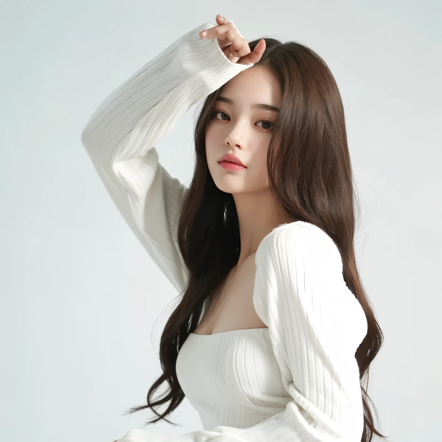 Mujer araffe con cabello largo vestida con un top blanco y pantalones negros., Blackpink Jennie, dilraba dilmurat, en ropa blanca, Jaeyeon Nam, Lee Ji - Eun, Lee Ji-eun, Parque Ji-min, Hermosa joven coreana, portrait of female Korean idol, ulzzang, con el pelo largo, fondo blanco!!!!!!!!!!, photo session