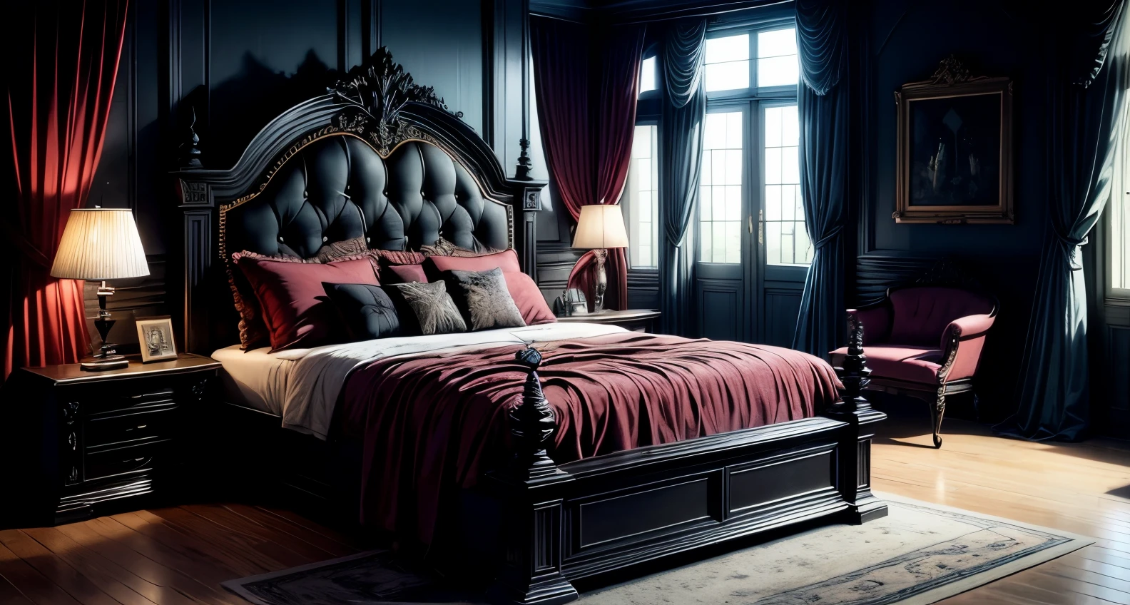 Masterpiece, ultra high quality, award winning, madieval bedroom, stone and wood, luxurious , pillars, gothic, neo gothic, luxurious, , orange glass windows, warm lighting ,black stone, black gothic, warm lighting, dark, vampire vibes, interior, black color palette, big bed, big window, cozy, expensive furniture, luxurious, bed with curtains, canopy bed, canopy bed frame, tall king sized bed, erotic, warm lighting, lamp
