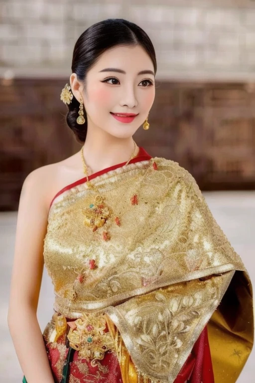 Woman in gold dress poses for photo, traditional beauty, Southeast Asia that has existed for a long time, beautiful oriental woman, Southeast Asians with round faces, very Attractive and beautiful, asian woman, Chinese woman, young asian woman, Chinese girl, Thai anime girl, very very beautiful, Beautiful Asian woman, traditional makeup, Wear gold jewelry, Attractive and beautiful