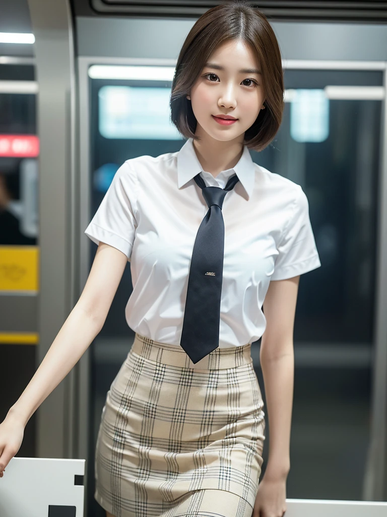 1girl, gorgeous Japanese woman, in Singapore MRT train at night, wearing white short-sleeve blouse, plaid tie and skirt, youthful smooth complexion, beautiful detailed eyes, lips and long eyelashes, slender figure, friendly approachable smile, short hair, confident poised demeanor, blurred background Bokeh effect, (best quality,4k,8k,highres,masterpiece:1.2),ultra-detailed,(realistic,photorealistic,photo-realistic:1.37),HDR,UHD,studio lighting,ultra-fine painting,sharp focus,physically-based rendering,extreme detail description,professional,vivid colors,bokeh