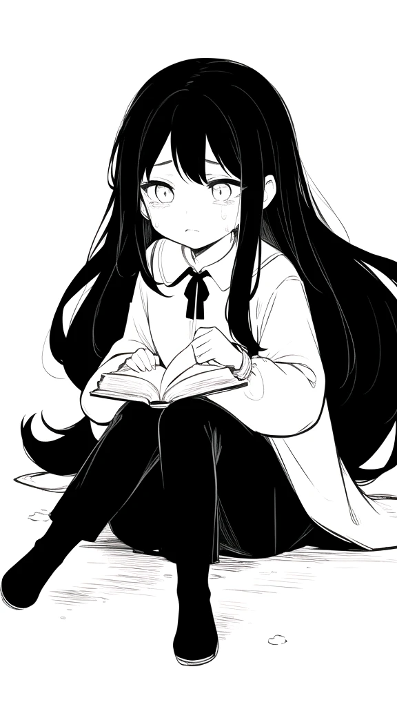 best quality, chibi, 1 girl,Long black hair,(full body), Pure white background,Vivid,clearly,sad face,rain,snow,Are crying,shout,I have a letter,holding a book in hand,Sit down