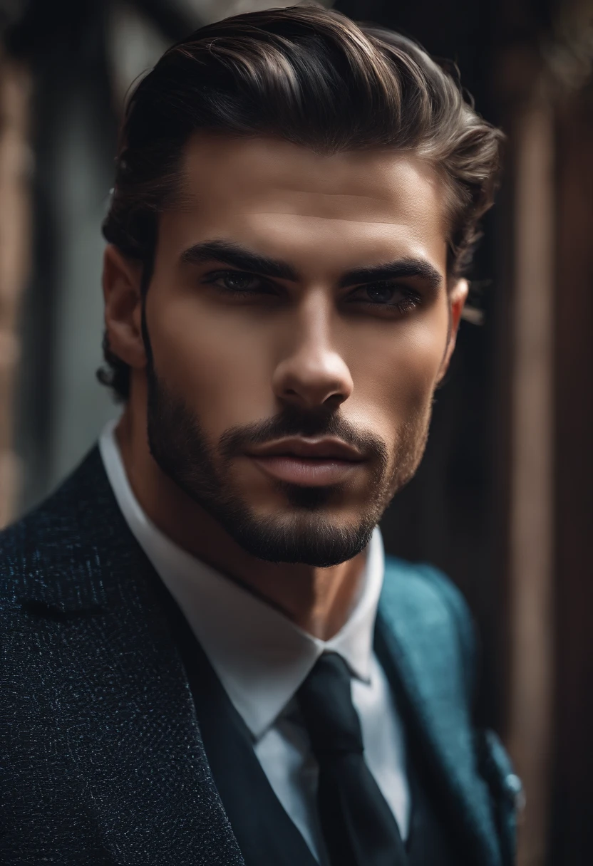 fotografia, masculine perfection, queixo forte, fleshy lips, nariz romano, cabelo loiro curto, hazel eyes, hiper-realista, 8k-v4 . Moda moderna alta costura fashion futurista. Roupa preta moderna