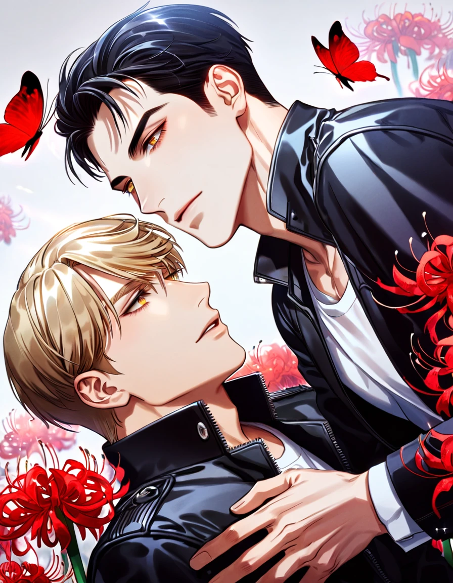 (absurdres, highres, ultra detailed, HDR) master piece, best quality, Sung Hyunjae, ash-blonde hair, expressive yellow eyes, his eyelashes are blonde, The S-Classes That I Raised, Han Yoojin, black hair, expressive brown eyes, two sexy men together, gay couple, yaoi, handsome, black leather jacket, white shirt, magical fantasy, red butterflies, glittering, sparkling, red spider lilies, petals, radiant