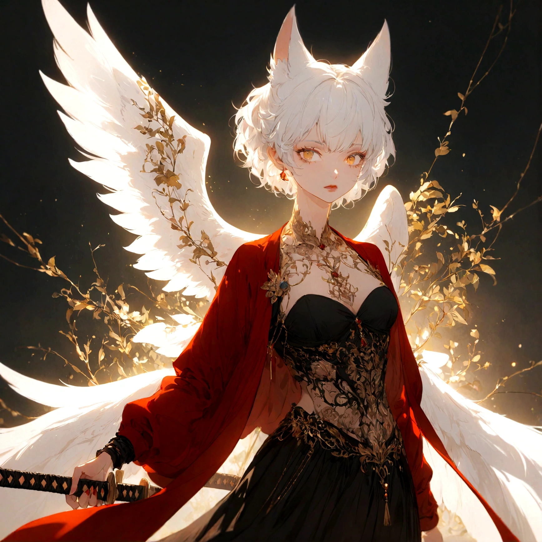 A white haired female fox person in a red trenchcoat wearing a black bustier under it along with a black skirt, has a katana on her back and angel wings