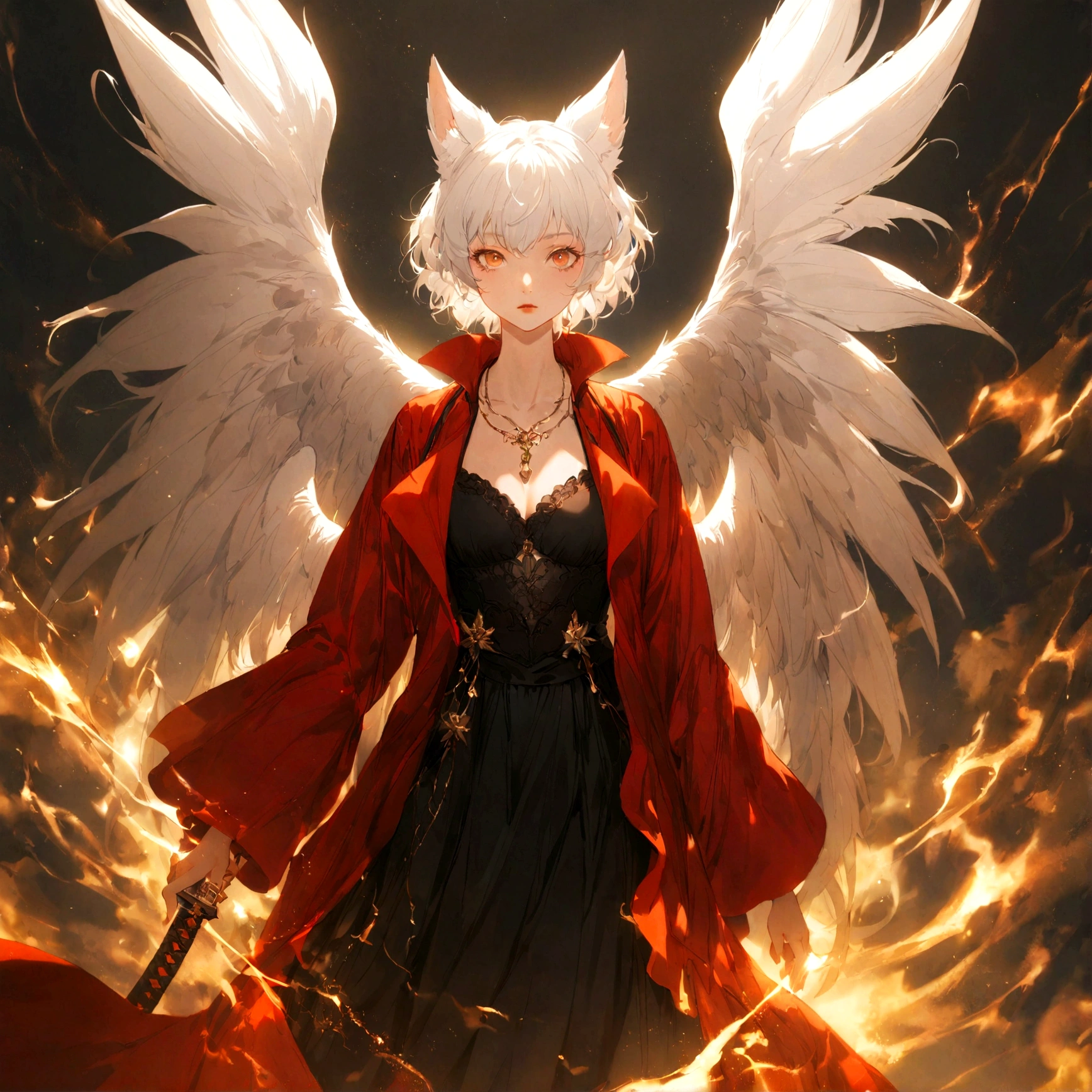 A white haired female fox person in a red trenchcoat wearing a black bustier under it along with a black skirt, has a katana on her back and angel wings