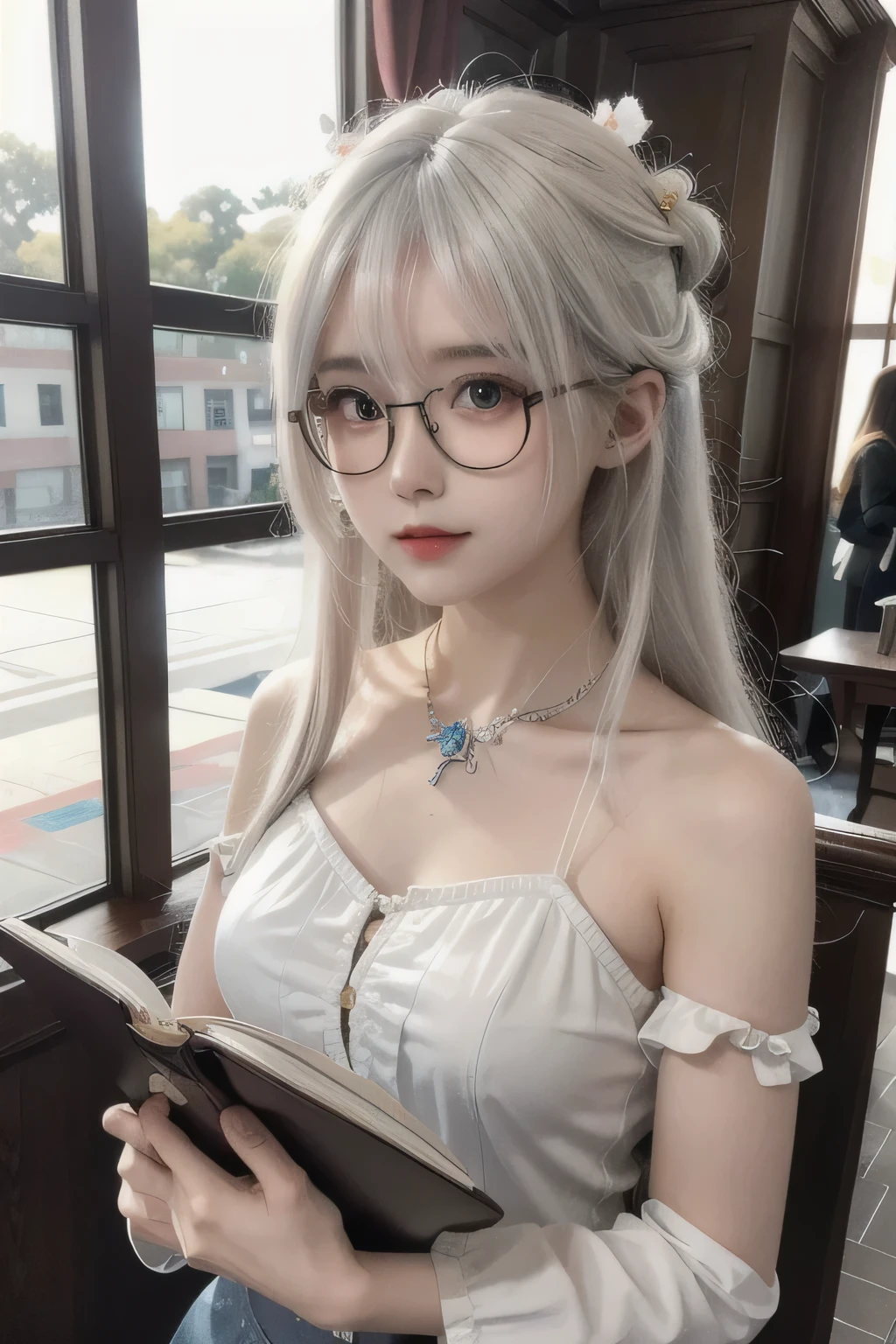 ((best quality)), ((masterpiece)),,((ultra-detailed)), extremely detailed CG, , (an extremely delicate and beautiful), 1girl, solo, ((cute face)),(beautiful detailed eyes), red eyes,white hair, shiny hair, colored inner hair,Ice rose,Ice hair ornaments,adorns,, [ice crystal],, crystal,((floating hair)), ((caustic)),((disheveled hair)),watercolor_(medium),detailed background,fluttered detailed splashs.A college student with glasses, studying in a modern library, surrounded by books and her laptop, with sunlight streaming in through large windows, ((full bodyview))