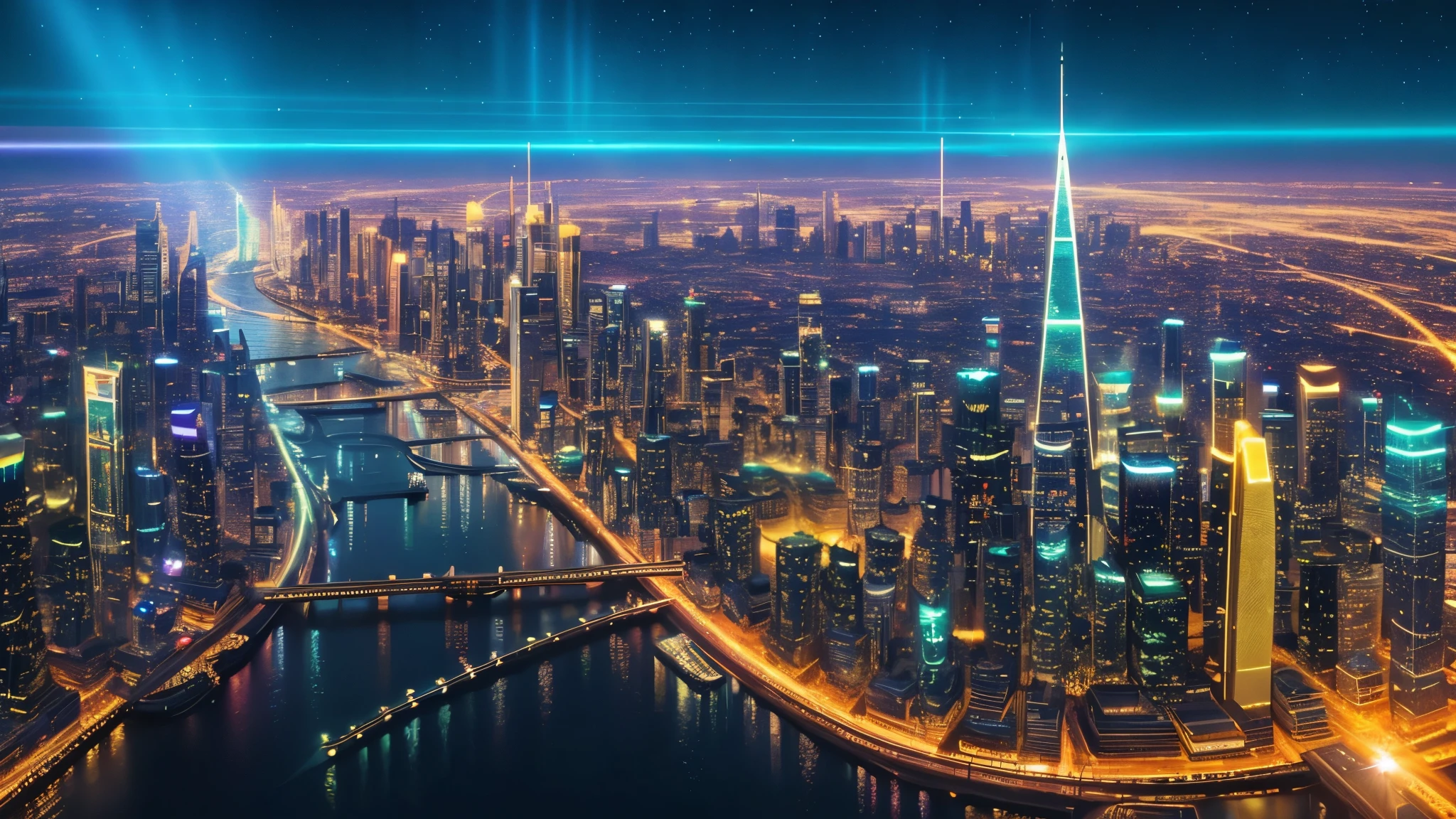 Cidade futurista, com hologramas enormes, The late afternoon sun dyed the skyscrapers of the glittering metropolis with a golden hue., its rays reflecting off holograms and luminous screens suspended in the air like technological ghosts. A cidade pulsava com vida, a symphony of mechanical and digital sounds, where every street was a river of lights and every building a monolith of progress