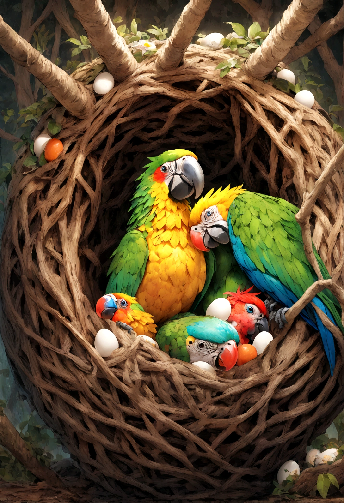 muscular parrot in the nest with eggs