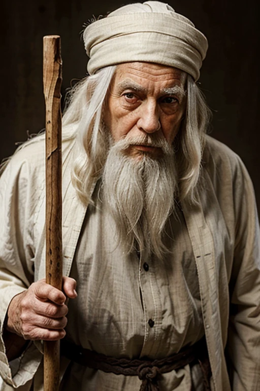 An elderly man with long white hair and beard, deep wrinkles, and wise eyes. He wears a traditional tunic and holds a staff.