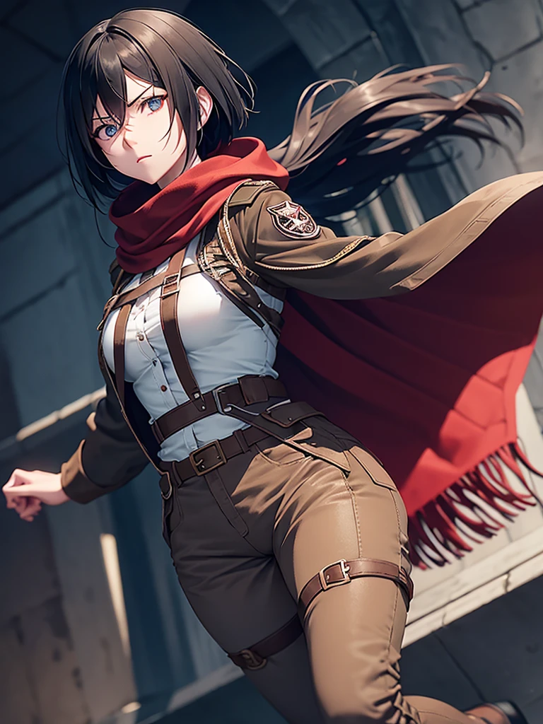 Hair: Mikasa has medium-length, straight black hair. Initially, her hair is longer, but she cuts it to chin-length for practicality during combat.
Eyes: She has gray eyes, which are often depicted as serious and intense.
Skin: Mikasa has a fair complexion.
Body: She has a lean, athletic build, reflecting her rigorous training and combat experience. Despite her slender frame, she possesses significant strength and agility.
Scarf: A signature element of Mikasa’s appearance is the red scarf given to her by Eren Yeager, which she often wears around her neck.
Clothing: Mikasa’s typical attire includes:
Military Uniform: The standard Survey Corps uniform, which consists of:
A short, light brown jacket with the Survey Corps insignia on the shoulders, back, and left breast.
A white blouse or shirt.
White pants, often tucked into knee-high brown leather boots.
A dark brown leather harness used to secure the Vertical Maneuvering Equipment (3D Maneuver Gear), which includes various belts and straps around her body.
Green Cloak: During missions, she often wears a green hooded cloak with the Survey Corps emblem on the back.
