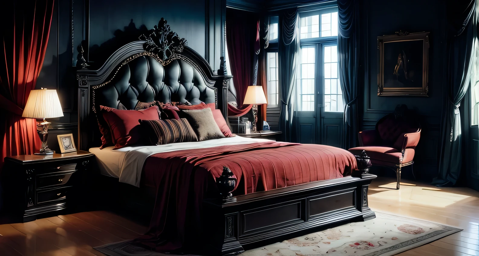 Masterpiece, ultra high quality, award winning, madieval bedroom, stone and wood, luxurious  , pillars, gothic, neo gothic, luxurious, , orange glass windows, warm lighting ,black stone, black gothic, warm lighting, dark, vampire vibes, interior, black color palette, big bed, big window, cozy, expensive furniture, luxurious, bed with curtains, canopy bed, canopy bed frame, tall king sized bed, erotic, warm lighting, lamp