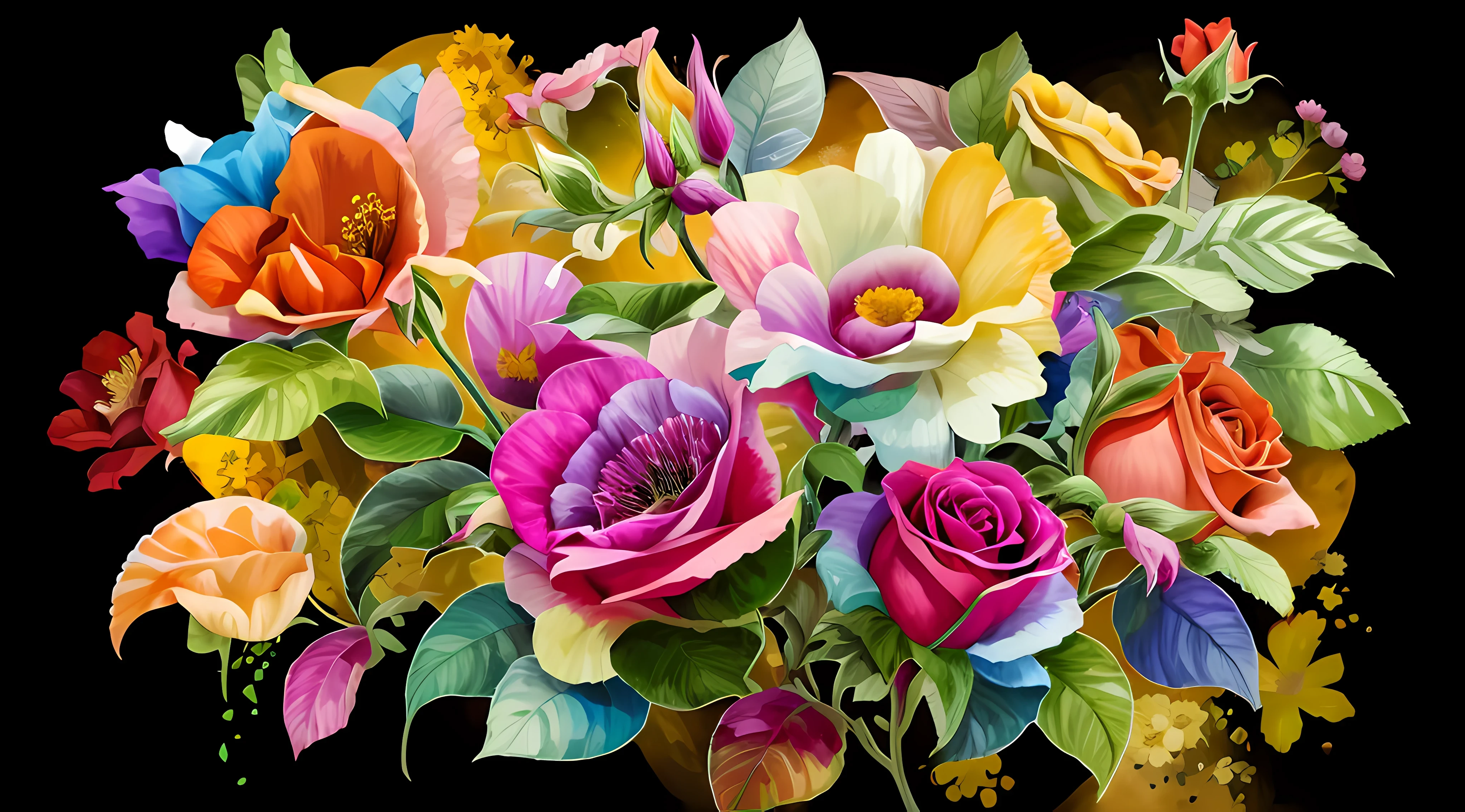 (super detalhado). There is a bouquet of flowers with purple flowers, Rosas, amarelas, brancas, alaranjadas, com flores coloridas, colourful flowers bouquet, flores florais coloridas, feito de flores e folhas, flores coloridas, flores coloridas, floral renewal, explosion of colorful flowers, magical colorful flowers, Arte Oficial, com flores e plantas coloridas, fundo florido pastel, feito de flores --auto