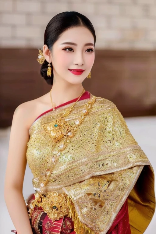 Woman in gold dress poses for photo, traditional beauty, Southeast Asia that has existed for a long time, beautiful oriental woman, Southeast Asians with round faces, very Attractive and beautiful, asian woman, Chinese woman, young asian woman, Chinese girl, Thai anime girl, very very beautiful, Beautiful Asian woman, traditional makeup, Wear gold jewelry, Attractive and beautiful