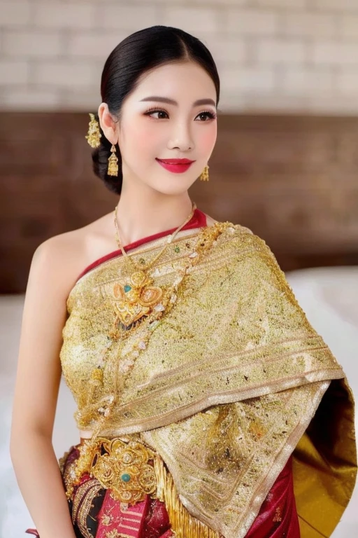Woman in gold dress poses for photo, traditional beauty, Southeast Asia that has existed for a long time, beautiful oriental woman, Southeast Asians with round faces, very Attractive and beautiful, asian woman, Chinese woman, young asian woman, Chinese girl, Thai anime girl, very very beautiful, Beautiful Asian woman, traditional makeup, Wear gold jewelry, Attractive and beautiful