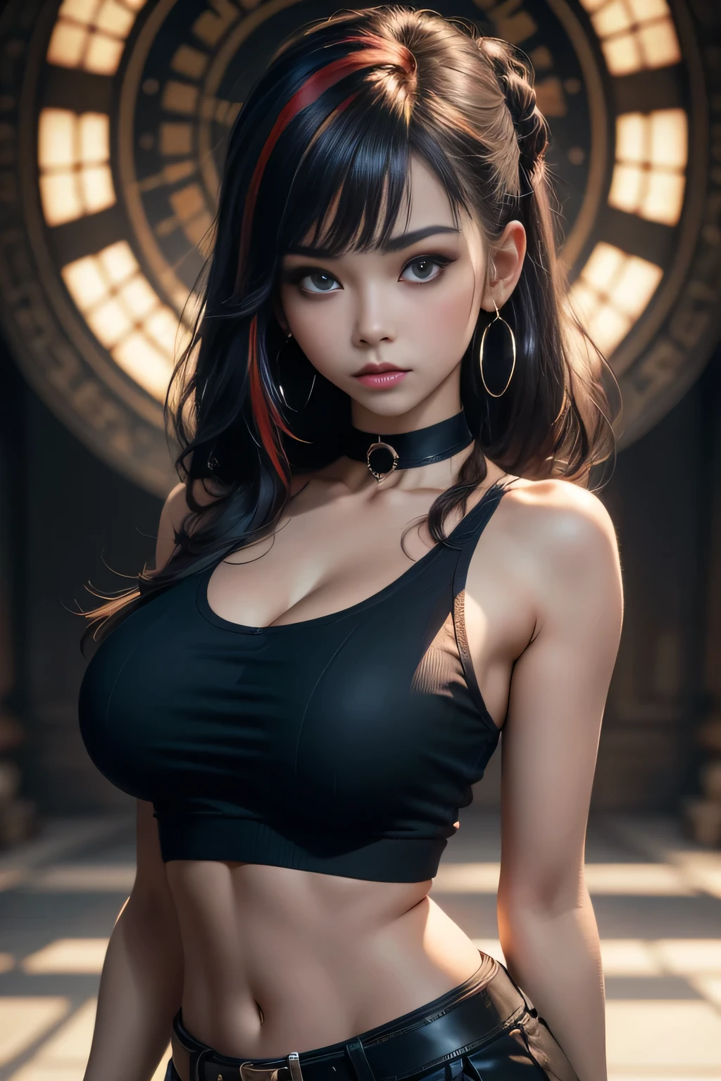 sfw, (masterpiece, best quality, 1girl, solo, intricate details, chromatic aberration), (realistic),(skin), ((breath)),(black hair,blunt bangs),detailed hair, red head ornament, blue highlights, hair over one eye,black eyes, small earrings, sharp eyes, choker,((black crop top )),(black skirt),(belt),open waist,(symmetry eyes),(perfect symmetrical body), night,(((natural light))),backlighting,against grey wall, dim lighting ,look at viewer,((centered shot, from front,(face and waist)))、 wearing bra,((skinny waist)), young asian girl, ((big breasted)),