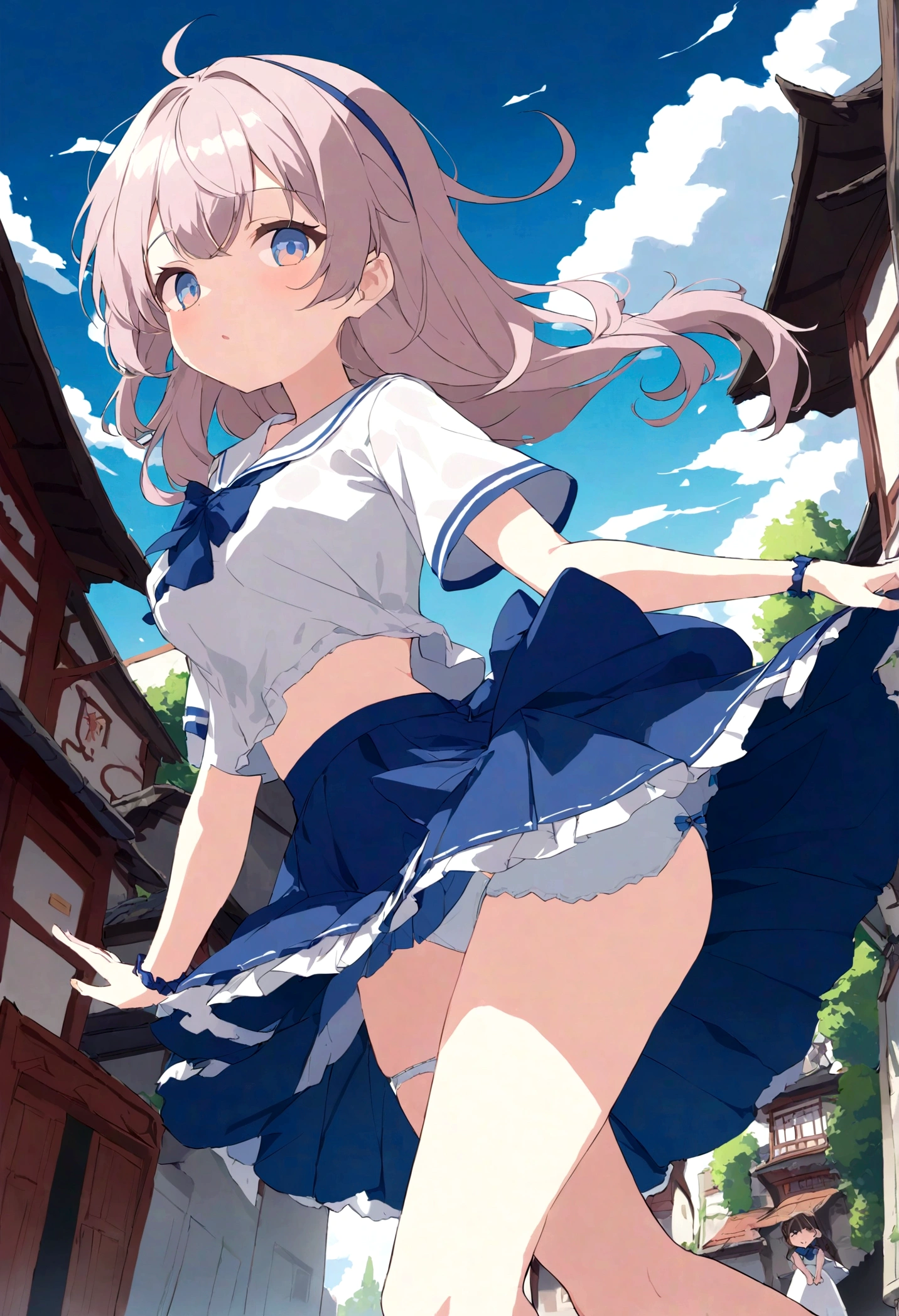 The strong wind is showing her white cotton panties、The strong wind is showing her white cotton panties、Kyoko Otonashi Maison Ikkoku Low Angle、Long skirt、強風でHolding the flipping skirt with your hand、The strong wind is showing her white cotton panties、:((Holding the flipping skirt with your hand))