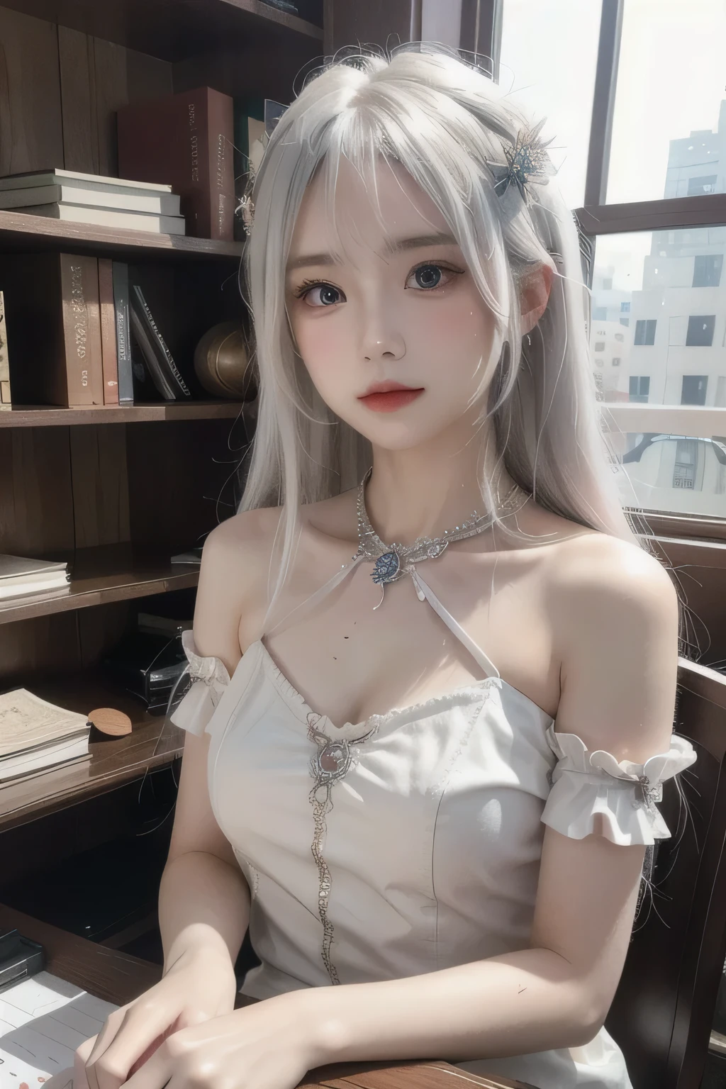 ((best quality)), ((masterpiece)),,((ultra-detailed)), extremely detailed CG, , (an extremely delicate and beautiful), 1girl, solo, ((cute face)),(beautiful detailed eyes), red eyes,white hair, shiny hair, colored inner hair,Ice rose,Ice hair ornaments,adorns,, [ice crystal],, crystal,((floating hair)), ((caustic)),((disheveled hair)),watercolor_(medium),detailed background,fluttered detailed splashs.A college student, studying in a modern library, surrounded by books and her laptop, with sunlight streaming in through large windows, ((full bodyview))