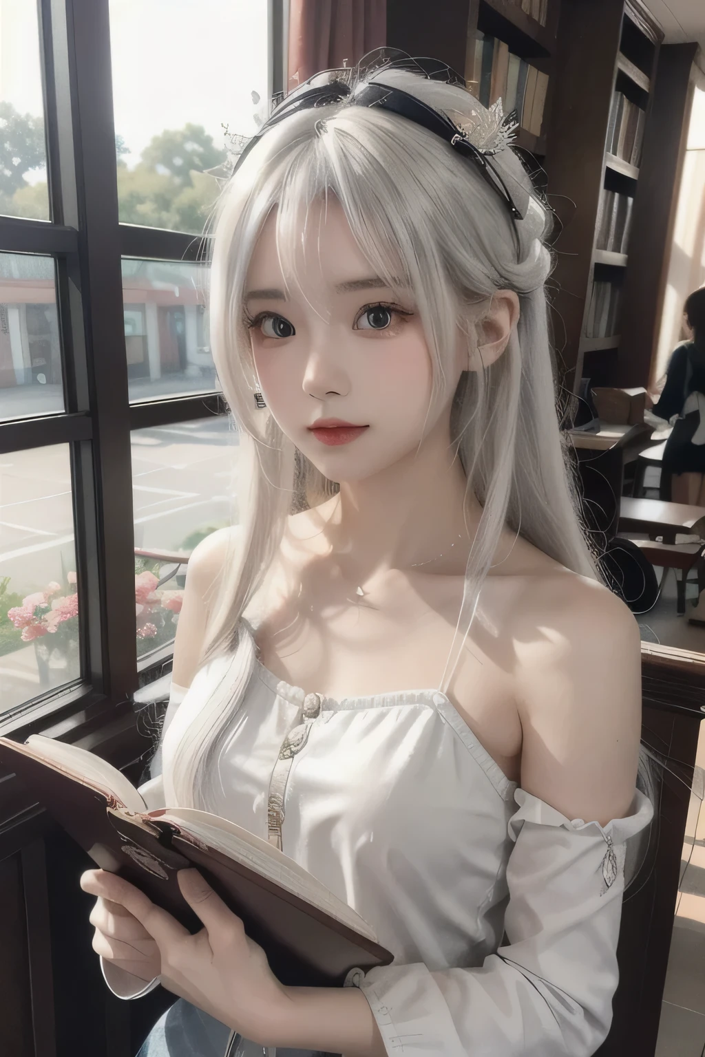 ((best quality)), ((masterpiece)),,((ultra-detailed)), extremely detailed CG, , (an extremely delicate and beautiful), 1girl, solo, ((cute face)),(beautiful detailed eyes), red eyes,white hair, shiny hair, colored inner hair,Ice rose,Ice hair ornaments,adorns,, [ice crystal],, crystal,((floating hair)), ((caustic)),((disheveled hair)),watercolor_(medium),detailed background,fluttered detailed splashs.A college student, studying in a modern library, surrounded by books and her laptop, with sunlight streaming in through large windows, ((full bodyview))