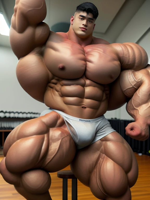 1 asian boy, undercut black haircut, bodybuilder pose, indoor, at the studio, strong body, bulk, naked, armpit, wear white triangular underwear, bulge, very big, brutalmass, giant, muscular body, bulk, massive body, large meaty body size, brown veiny skin, big arms, ballooning meaty pecs, big butt. wet, UHD, Realistic, intricate detail