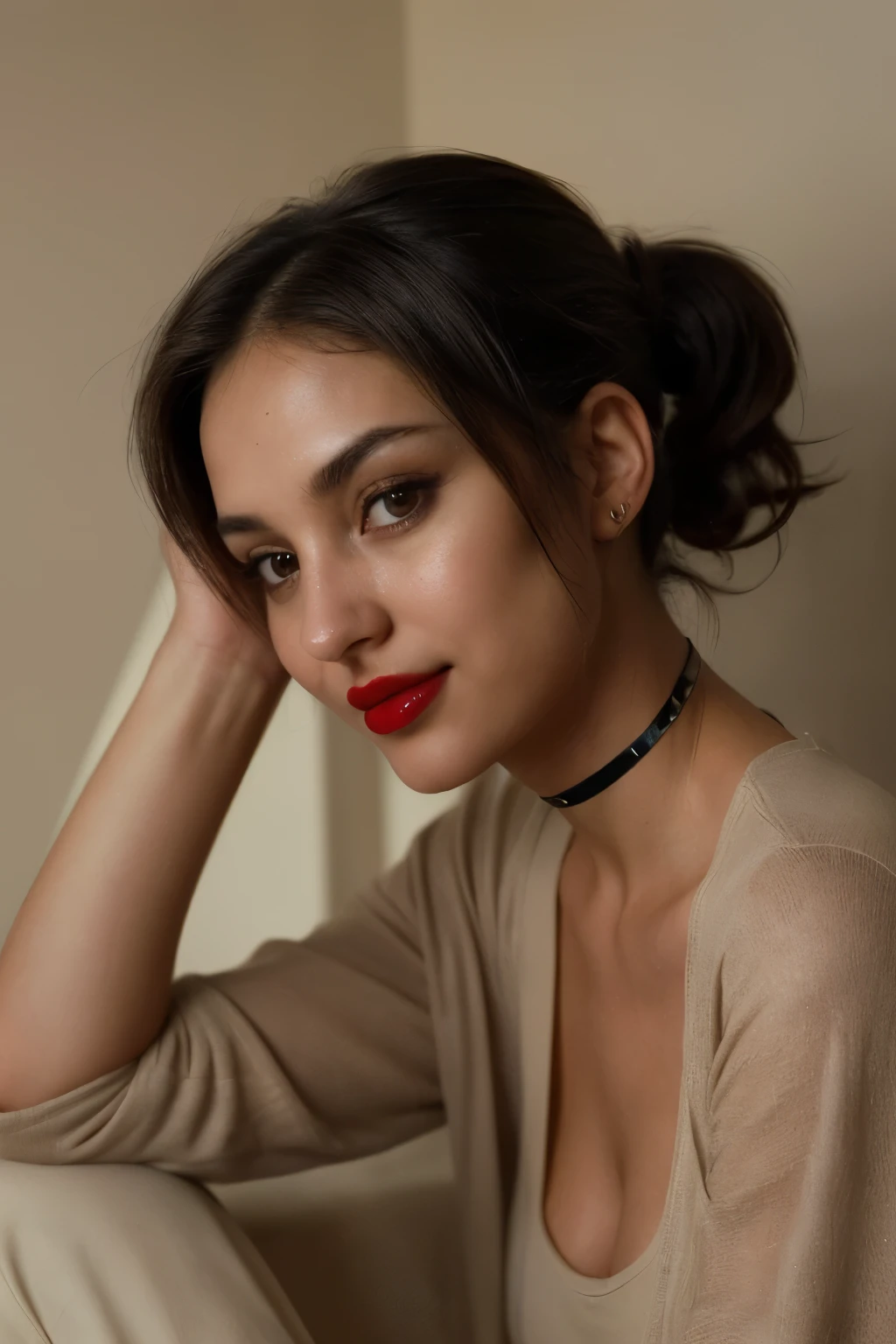 young wife in casual loungewear, standing in her bedroom, messy hair ponytail, her feet on rug, she's wearing a silver choker, sensual mood, romantic, she's inviting, orchid flower painting on wall,she doesn't want to be seen, big dark sunglasses, her black coat collar up and high, dark hair over her face, she's mysterious, glamours, listening for a signal, watching the people move so she can continue on in the evening skyFull body photo、therapy office、working ultra hot woman 、Beige tight clothing、short dark bob hairstyle、Clothes are tigh、Full body photo、Sexy Face、short hair、 a look of complete desire、(((masterpiece)))、((highest quality))、((Ultra-realistic))、26 yo woman、perspective、Very detailed、Perfect hands、Finger details、beautiful and detailed eyes、Brown eyes , short body、Perfect captivating brown eyes, Best image quality、Fine-grained image quality、beautiful、 woman,woman Italian, Italian, smile、jewelry, Realistic, High resolution, Soft Light,Hip Up, Glowing Skin, (Detailed face), jewelry, night, attractive appearance, smile, Perfect Style, Perfect balance, Fine skin,HQ, highly detailed ,Beautiful dreamy brown eyes, volumetric light, hyper realistic, intricate detail. shallow depth of field, highly detailed, high budget, bokeh, deep shadows, atmosphere dazzling natural light, cinemascope, moody, epic, gorgeous, film, highest quality, Realistic, Very detailed, finely, High resolution, 8k wallpaper, RAW Photos, Professional photography, Depth of written boundary, One Woman, 26 years old, Bedroom, (Red lips), ((Looking into the camera)), she doesn't want to be seen, big dark sunglasses, her black coat collar up and high, dark hair over her face, she's mysterious, glamours, listening for a signal, watching the people move so she can continue on in the evening skybrown eyes, arched eyebrows, cute nose, (5' height short girl body), short dark hair, Bob Hair,