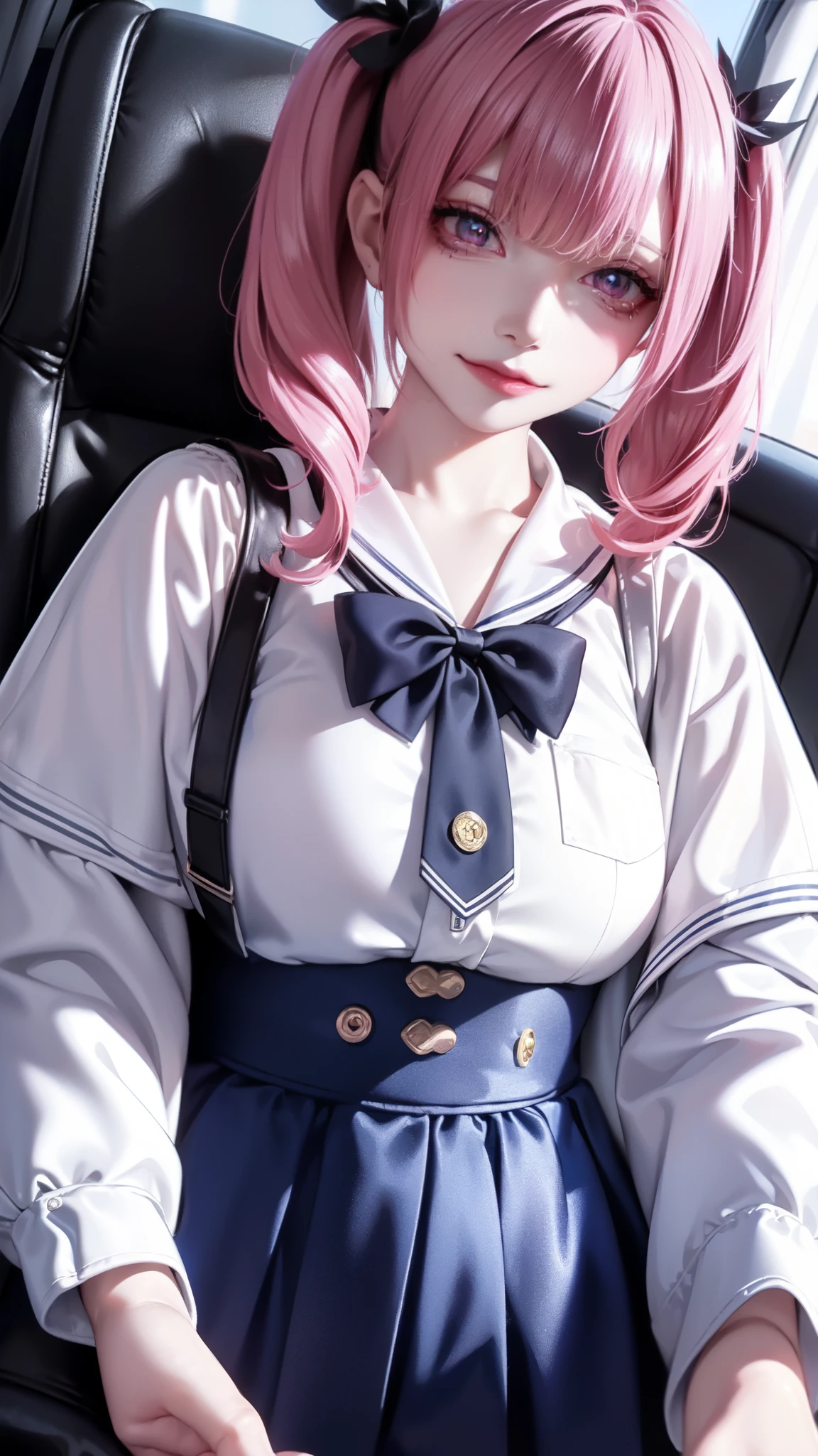 Volumetric lighting in the car at night, Bangs, two side up, Pink eyes, nefarious smirk, Dark hair, Twin tails hair, Thought-provoking sexy eyes, Beautiful plump lips, large full breasts, Exposure, wide hips, Big lips, (Highest Quality, Amazing details:1.3), (Solo:1.3), masutepiece, (extremely detailed 8k CG), gals, Decora, grinning evily, Dynamic Angle, Denim skirt, Car, Driving, Luxurious, Shiny Top, Pink Shiny Tops, (Pleated skirt)、Menhera、yandere、Mine Makeup、Landmine Girl、(Realistic depiction:1.5)