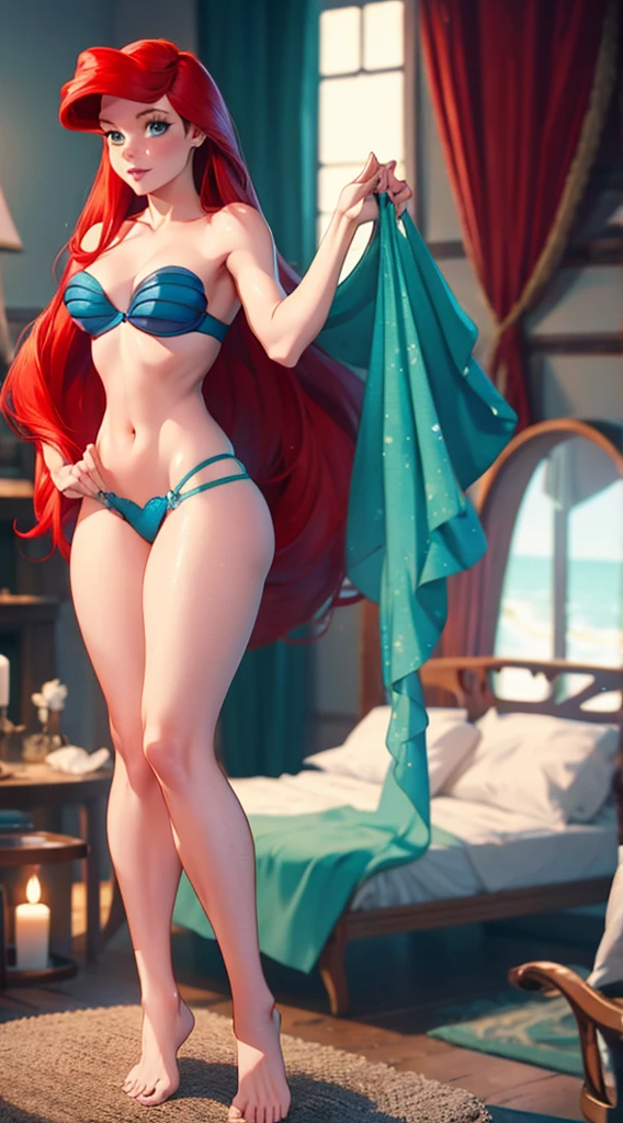 Ariel from The little mermaid with red long hair, poising sexy in bra and thong, makes room, small waist, slim, and long legs