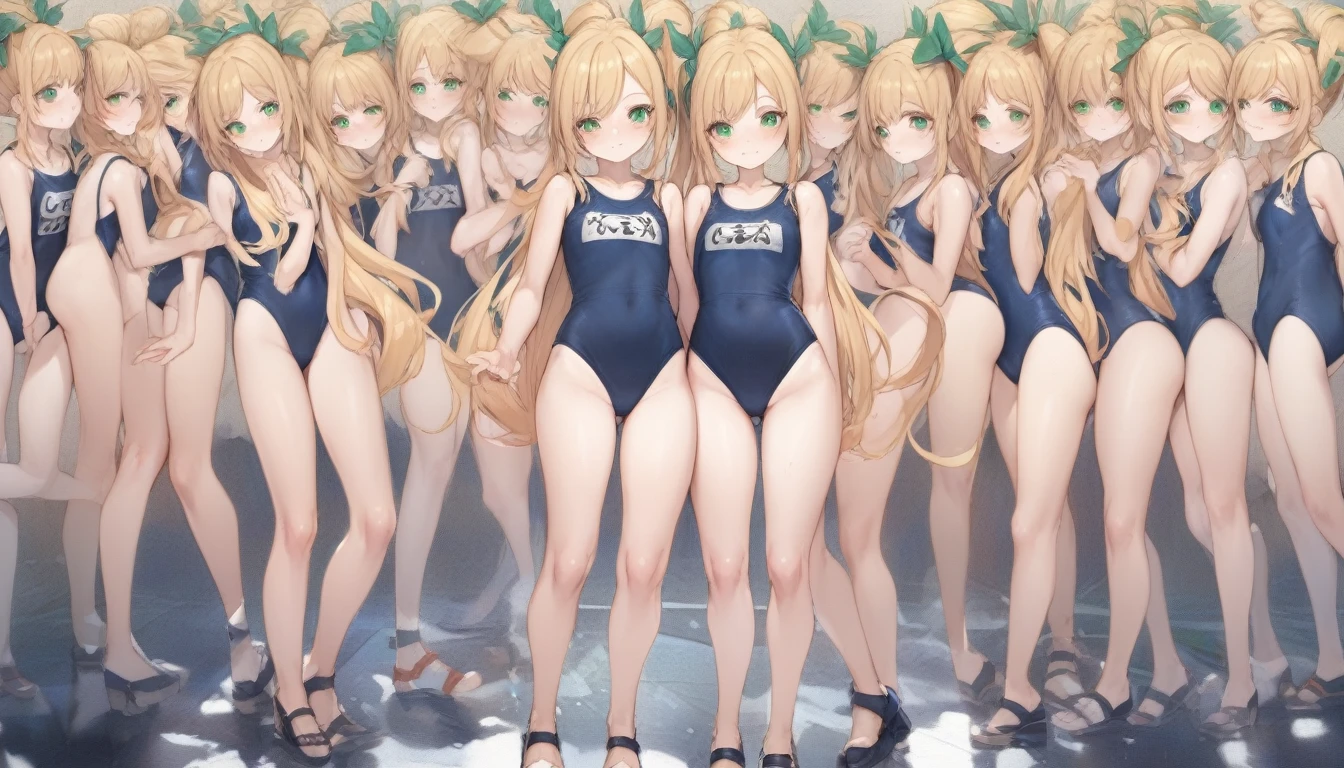 Short stature,flat chest, clone girls, blond hair, green eyes,swimsuit roll(mega man x dive old design) clones,high ponytail hair,Sleeveless navy one piece school swimsuit with white stripes from armpit to flank,white name tag, navy heeled sandals, green ribbon,human appearance,same height,same appearance, same face,fill the entire image, absolutely everyone, many clone, masterpiece, best quality,insanely detailed, 20000+ clone girls, perfect features,multiple clone girls,same school swimsuit,same hair