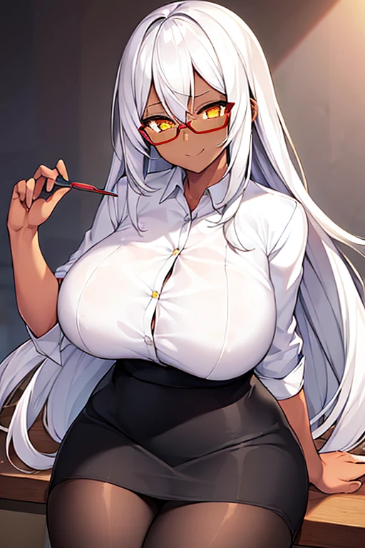 1girl, white hair, long hair, teacher, dark skin, dark-skinned female, white shirt, shirt, glasses, red glasses, yellow eyes, pencil skirt, skirt, mature female, pantyhose, black pantyhose, huge breasts, thick thoghs, smile, smirk, smug