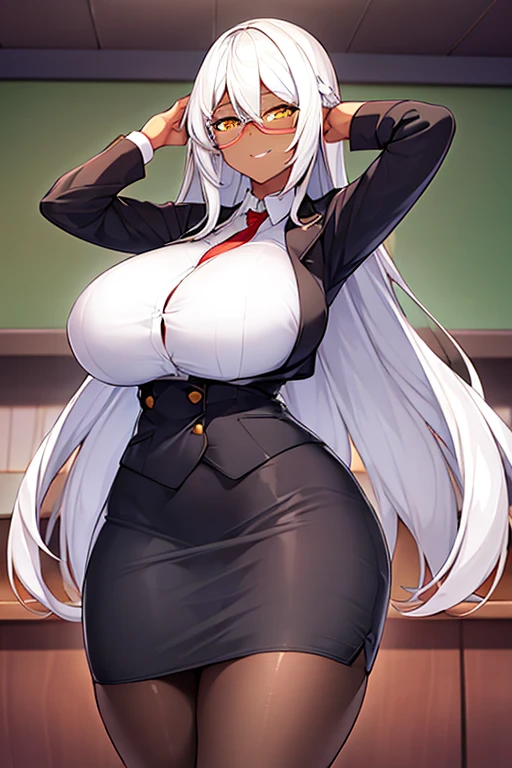 1girl, white hair, long hair, teacher, dark skin, dark-skinned female, white shirt, shirt, glasses, red glasses, yellow eyes, pencil skirt, skirt, mature female, pantyhose, black pantyhose, huge breasts, thick thoghs, smile, smirk, smug