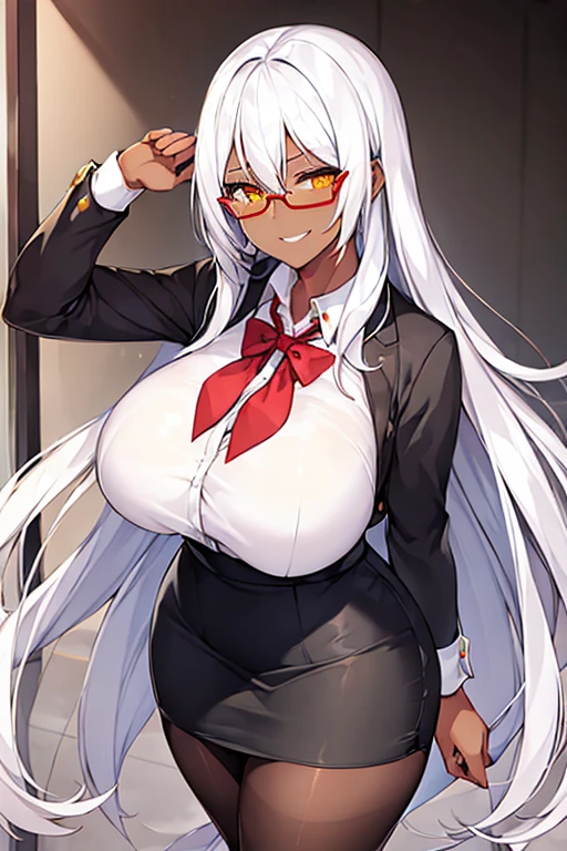 1girl, white hair, long hair, teacher, dark skin, dark-skinned female, white shirt, shirt, glasses, red glasses, yellow eyes, pencil skirt, skirt, mature female, pantyhose, black pantyhose, huge breasts, thick thoghs, smile, smirk, smug