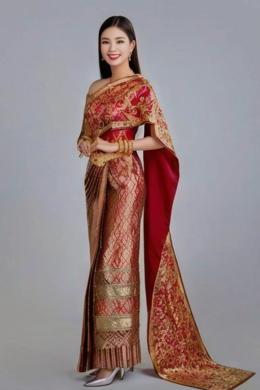 Woman in gold dress poses for photo, traditional beauty, expensive silk, Southeast Asia that has existed for a long time, beautiful oriental woman, Southeast Asians with round faces, very Attractive and beautiful, asian woman, Chinese woman, young asian woman, Chinese girl, Thai anime girl, very very beautiful, Beautiful Asian woman, traditional makeup, Wear gold jewelry, Attractive and beautiful