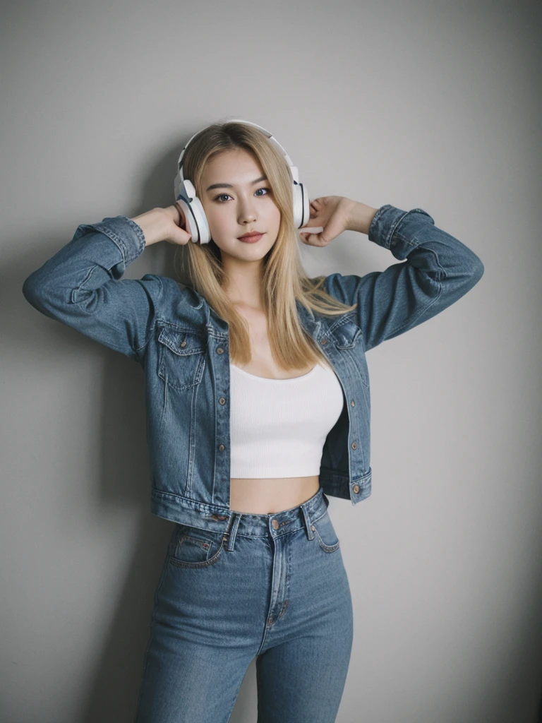wide angle shot, (((full body))), gorgeous young white woman,21 y.o, sweet face,yellow eyes,downturned eyes,heart shaped lips,straight eyebrows,raised nose,round face,((long shot)) Blonde influencer with natural wavy long hair,Kombiniere klassische Streetwear-Elemente wie Sneaker, jeans with high-quality accessories such as a designer handbag or a luxury watch, um einen modernen und dennoch edlen Look zu kreieren, extravagant , 8k, extremely detailed, Fotorealistisch, komplizierte Details, realistische Hauttextur, realistische Haare, Textur, Cheerful, ((sexy twitch streamer)), ((e-girl)), ((Asian)),((wearing a headset)), (posing in dark computer room)), ((full body)), ((exposed breasts:1.2)), slim, long legs, athletic, ((high cheekbones)), ((blue eyes)), (dynamic pose), (detailed face and eyes: 1.6), ((perfect ass)), beautiful face, high contrast, innocent, smiling. Leica, Ultra-detailed, (lifelike), vivid, intricate details, (((head up))), realism, hyper realistic, (dynamic angle), (sharp focus), smile, perfect body, ((ultra realistic eyes)) ((detailed face)), (((accurate eyes))), sharp focus, Octane Render, Redshift, f/1.4, ISO 200, 1/160s, 8K, RAW, unedited, symmetrical balance, in-frame, symmetrical face, symmetrical body, symmetric hands,flash,flashlight,Extremely Realistic