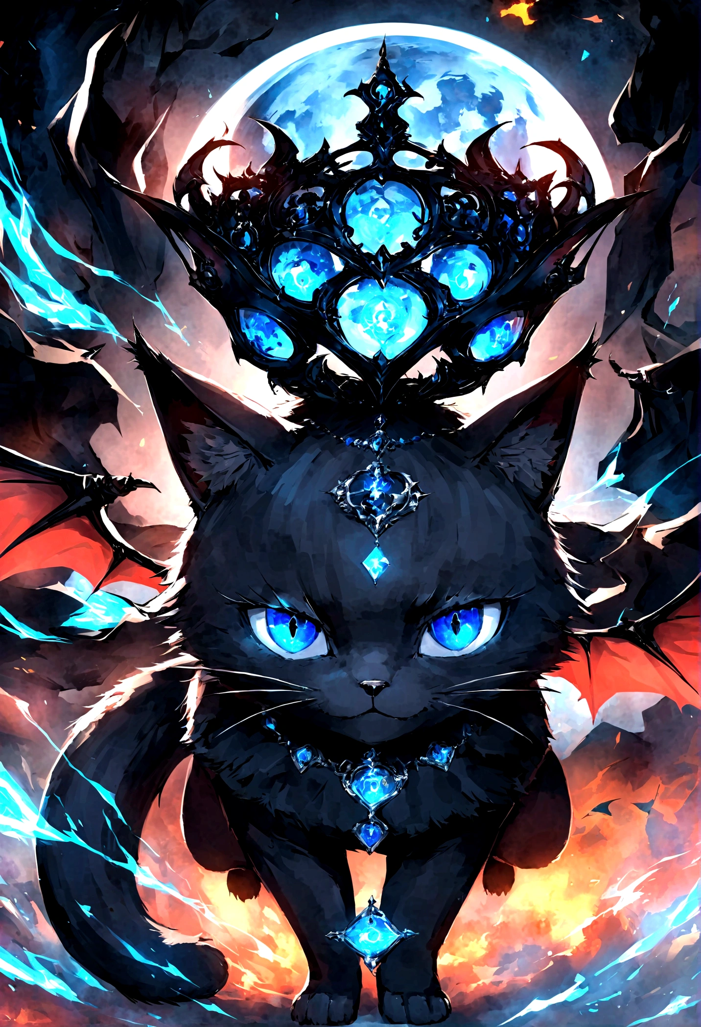 black cat、Beautiful blue eyed cat、Black crown、Black and blue vampire wings、Glare、Rin々Funny face、beautiful、blue Moon、Lots of blue light、Fantasy black cat,Facial close-up enhancement,AmbiLight,The colors are vivid and bright,Black background,haze,Detailed depiction,Rich details,Explosion of imagination,Surreal,Ultra-realistic,masterpiece,8k,Light,Tyndall effect