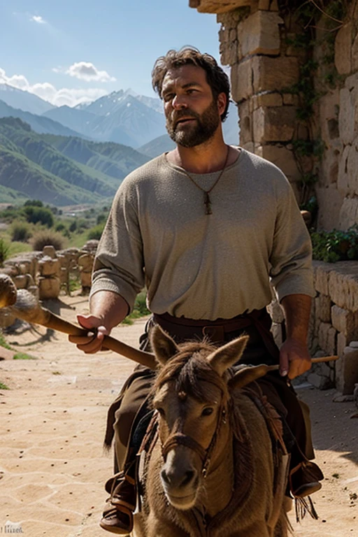 A middle-aged man with a short beard and curly hair. He wears a simple tunic and a mantle, holding a staff.
Scene: Balaam riding a donkey on a narrow path, surrounded by mountains. The donkey abruptly stops and looks at Balaam, starting to speak. Balaam reacts with surprise and astonishment as a bright light reveals an angel in front of them.