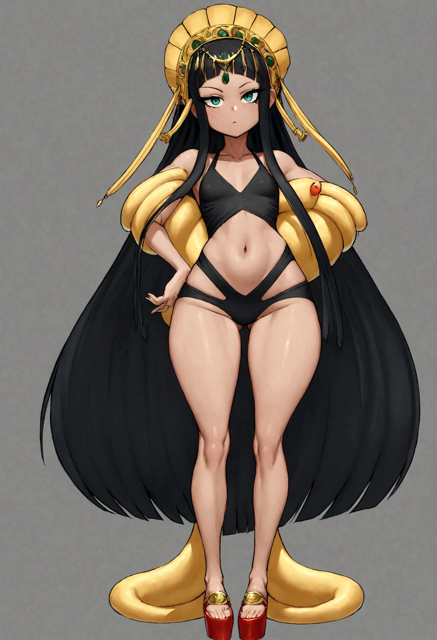 chica egipcia, piel negra, ojos amarillos, peinado de cleopatra, pelo negro, tiara de oro con adorno de serpiente, buen cuerpo, pechos grandes, trasero grande, full body and black lingerie.