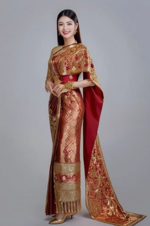 Woman in gold dress poses for photo, traditional beauty, expensive silk, Southeast Asia that has existed for a long time, beautiful oriental woman, Southeast Asians with round faces, very Attractive and beautiful, asian woman, Chinese woman, young asian woman, Chinese girl, Thai anime girl, very very beautiful, Beautiful Asian woman, traditional makeup, Wear gold jewelry, Attractive and beautiful