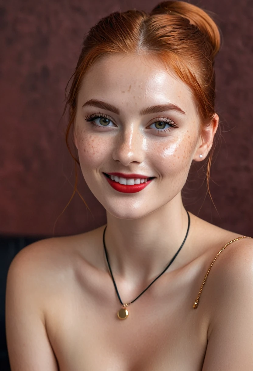 hyperrealistic beautiful busty 20-year-old woman with long legs wearing tiny glossy bikini, model shooting full body photography, natural redhead classic bun, freckles, soaky wet skin, dark eye makeup with eyeliner, seductive smile, red lips, small necklace, 8K, Best quality, Meisterwerk, ultra high resolution, (Realismus: 1.4), Originalfoto, (realistische Hautstruktur: 1.3), (Filmkorn: 1.3), (Selfie-Winkel), 1 girl, Beautiful round hazel eyes and facial details, Meisterwerk, Best quality, indoor photography in front of a shiny leather wall