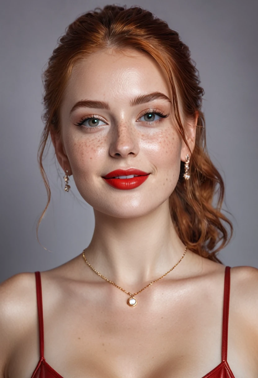 hyperrealistic beautiful busty 20-year-old woman with long legs wearing tiny glossy bikini, model shooting full body photography, natural redhead classic bun, freckles, soaky wet skin, dark eye makeup with eyeliner, seductive smile, red lips, small necklace, 8K, Best quality, Meisterwerk, ultra high resolution, (Realismus: 1.4), Originalfoto, (realistische Hautstruktur: 1.3), (Filmkorn: 1.3), (Selfie-Winkel), 1 girl, Beautiful round hazel eyes and facial details, Meisterwerk, Best quality, indoor photography in front of a shiny leather wall