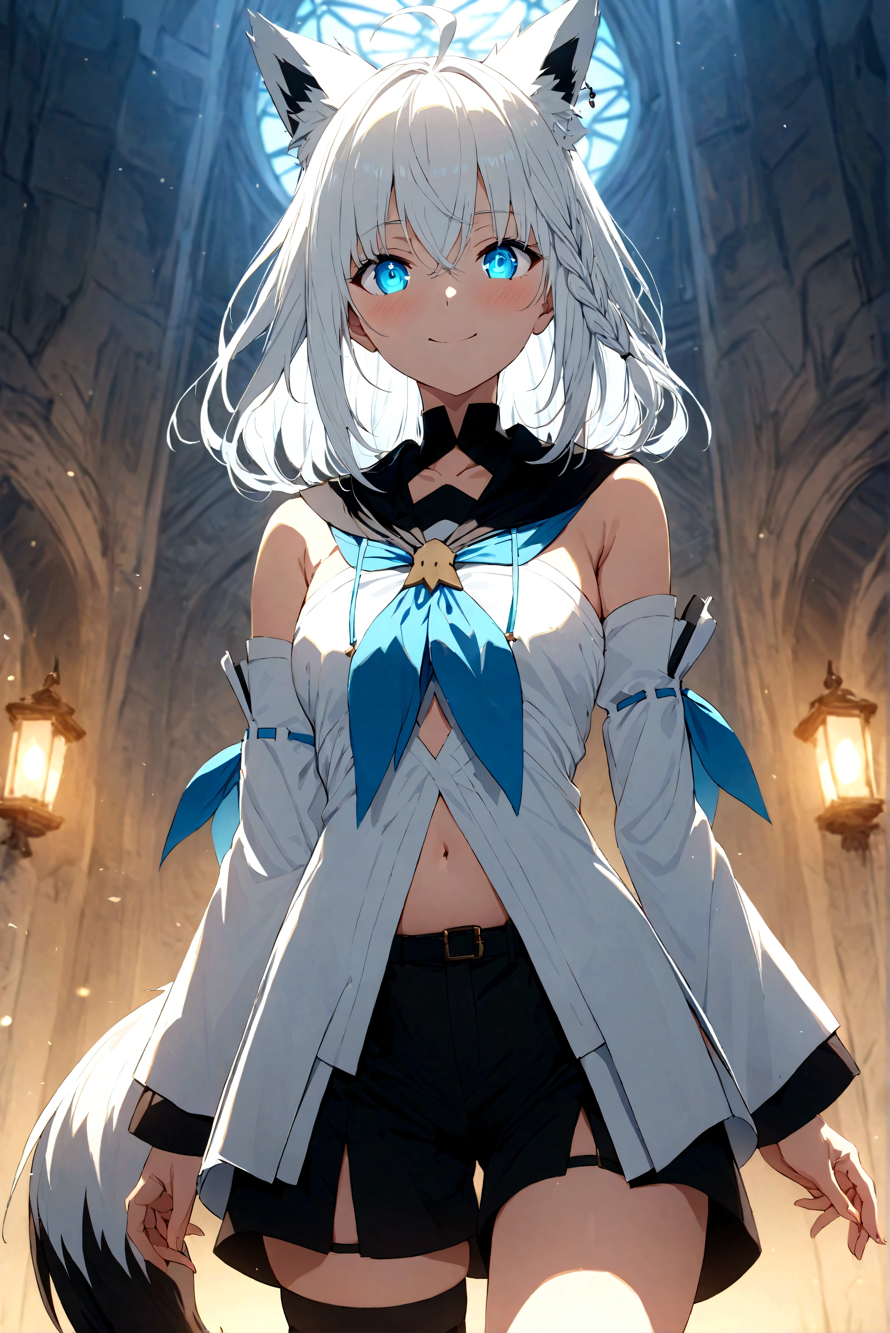 masterpiece, Best Quality, Anime, Highly detailed face, Highly detailed eyes, Highly detailed background, Perfect Lighting, fubuki_base, white blouse, detached sleeves, black shorts, blue neckerchief, thigh strap, single thighhigh, white hair, single side braid, ahoge, piercing, fox tail,smile