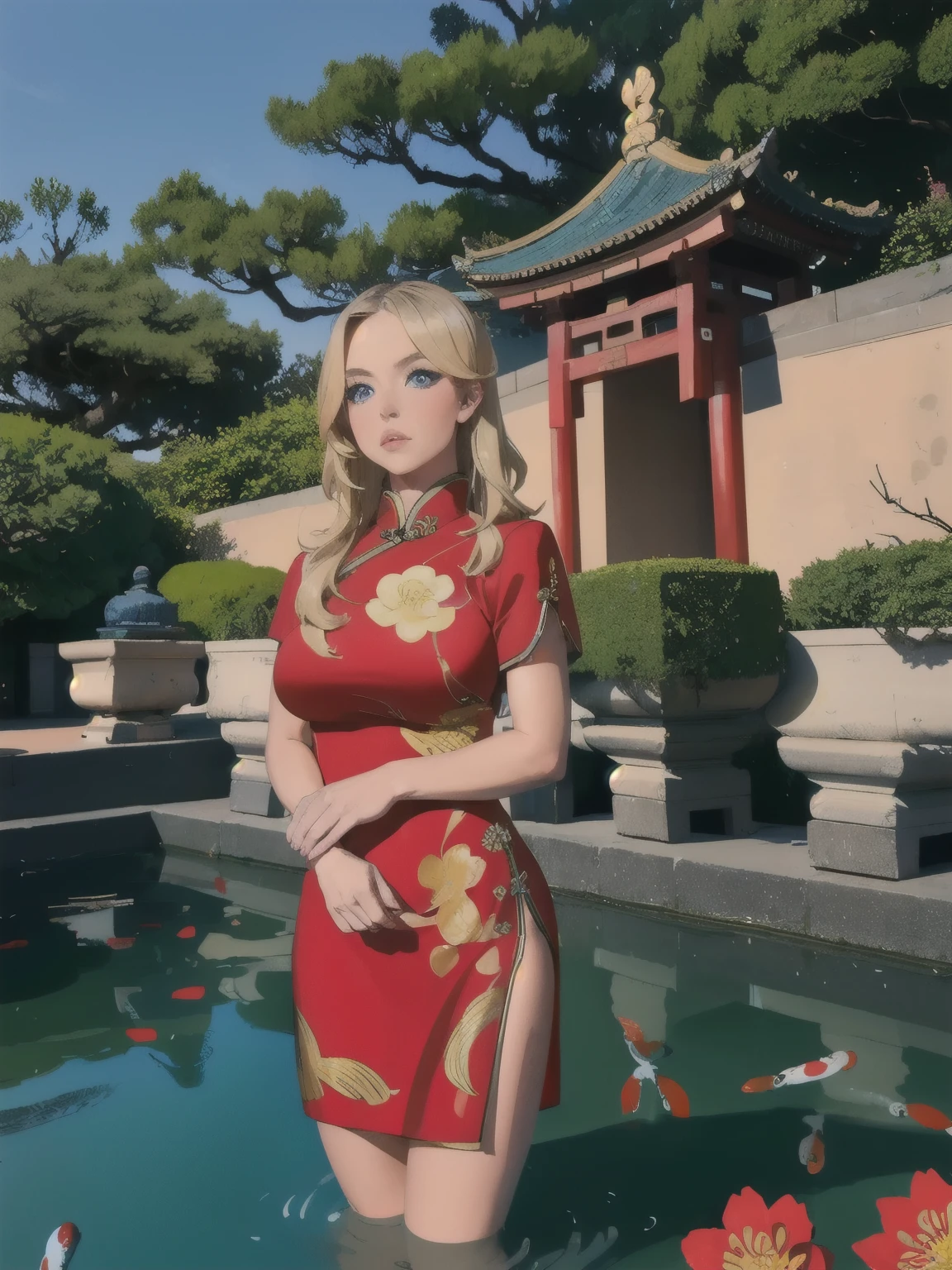 girl standing in a chinese garden, wearing a intricate chinese red dress, pouty lips, blonde hair, blue eyes, bright pupils, scenery, temple, park, pond, koi fish, bonsai, portrait, beautiful, realistic, dynamic lighting