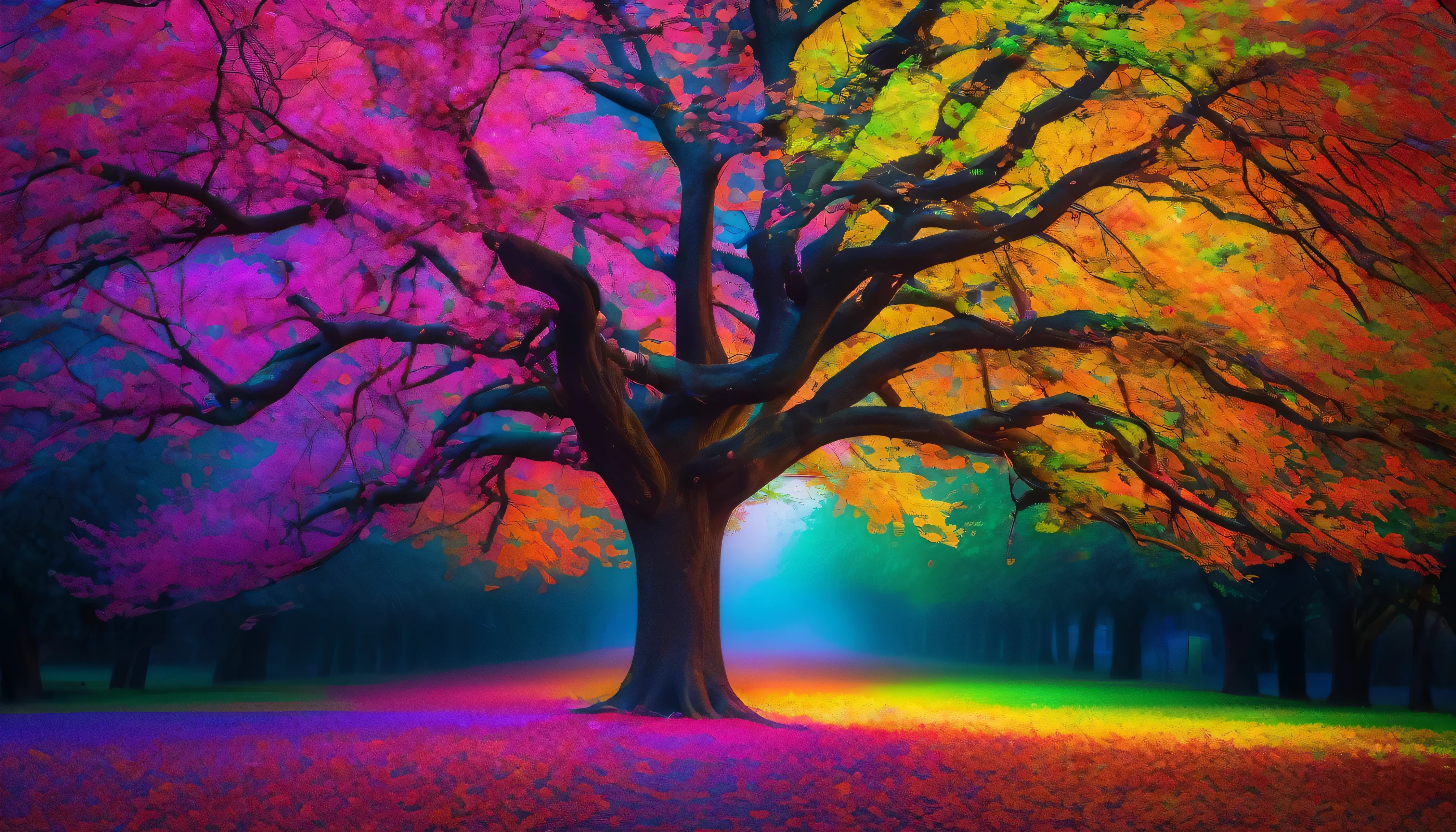 landscape with colorful leaves, bright colors, multicolors, rainbow colors, tree centered in the image, colorful landscape, no sun, no glows, no sunburst, colorful UHD image, colorful explosion, beautiful 8k art uhd, full of colors, colorful painting, colorful art, beautiful and colorful, beautiful picture, vibrant painting, amazing colors, tree does not overflow, whole tree