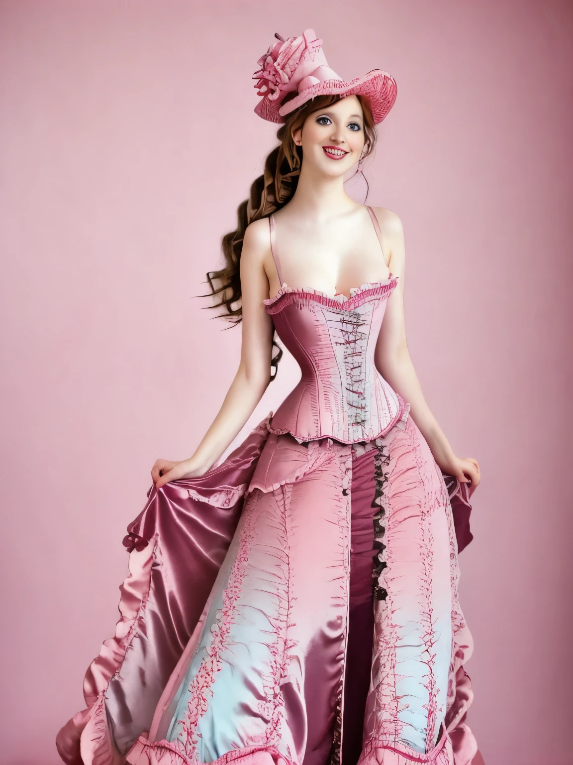 araffe woman in a pink dress and hat standing next to a table, a pastel by Joanna Carrington, tumblr, renaissance, elegant corset, romantic dress, velvet with lace gown, corset, victorian inspired clothing, in victorian aristocrat, dreamy and ethereal, victorian era, retro and ethereal, romantic gown, retro vintage and romanticism, victorian dress, tulle and lace