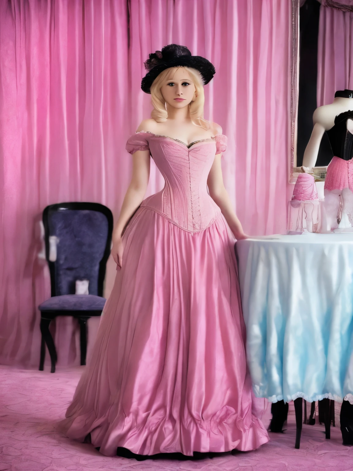araffe woman in a pink dress and hat standing next to a table, a pastel by Joanna Carrington, tumblr, renaissance, elegant corset, romantic dress, velvet with lace gown, corset, victorian inspired clothing, in victorian aristocrat, dreamy and ethereal, victorian era, retro and ethereal, romantic gown, retro vintage and romanticism, victorian dress, tulle and lace