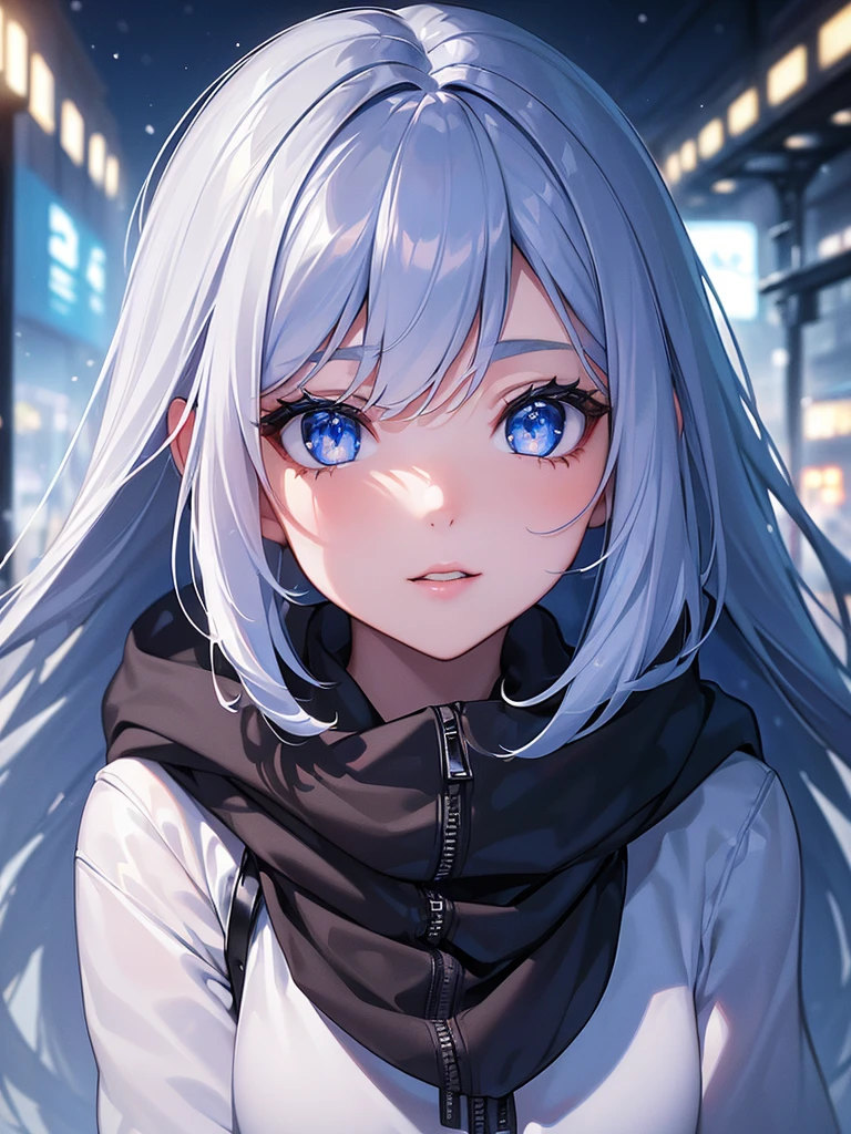 (1girl,beautiful detailed eyes,beautiful detailed lips,extremely detailed eyes and face,longeyelashes,girl in a winter jacket and pants,snowy winter night,heavy snowfall,snowflakes,glowing city in the background,dark blue color scheme,cinematic lighting,moody atmosphere,dramatic lighting,realistic,photorealistic,photo-realistic:1.37,best quality,4k,8k,highres,masterpiece:1.2,ultra-detailed,HDR,UHD,studio lighting,ultra-fine painting,sharp focus,physically-based rendering,extreme detail description,professional,vivid colors,bokeh)