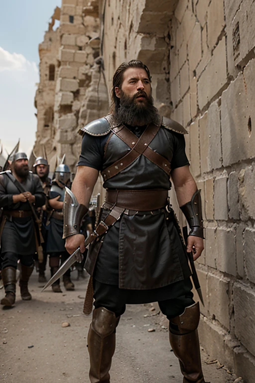 A strong and robust man with short dark hair and beard. He wears a leather and metal armor with a sword at his side.
Scene: Joshua and the Israelites marching around the walls of Jericho, blowing trumpets and shouting. Show the walls shaking and dramatically collapsing as the people of Jericho look on in shock.
