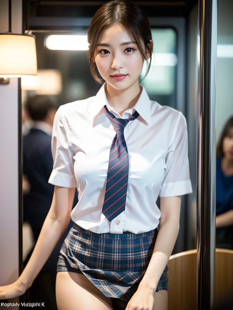 A gorgeous Japanese woman in a Tokyo train at night, wearing a white short-sleeve blouse, plaid tie and skirt, with a youthful smooth complexion, beautiful detailed eyes, detailed lips and long eyelashes, a slender figure, a friendly approachable smile, short hair, visible panty lines, smooth legs, a confident poised demeanor, blurred background Bokeh effect, (best quality,4k,8k,highres,masterpiece:1.2),ultra-detailed,(realistic,photorealistic,photo-realistic:1.37),HDR,UHD,studio lighting,ultra-fine painting,sharp focus,physically-based rendering,extreme detail description,professional,vivid colors