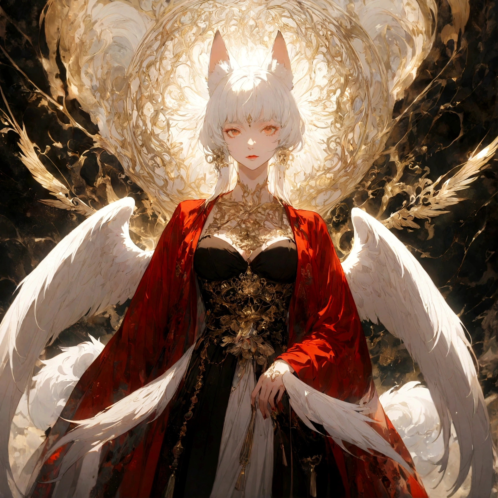 A white haired female fox person in a red trenchcoat wearing a black bustier under it along with a black skirt, has a katana on her back and angel wings