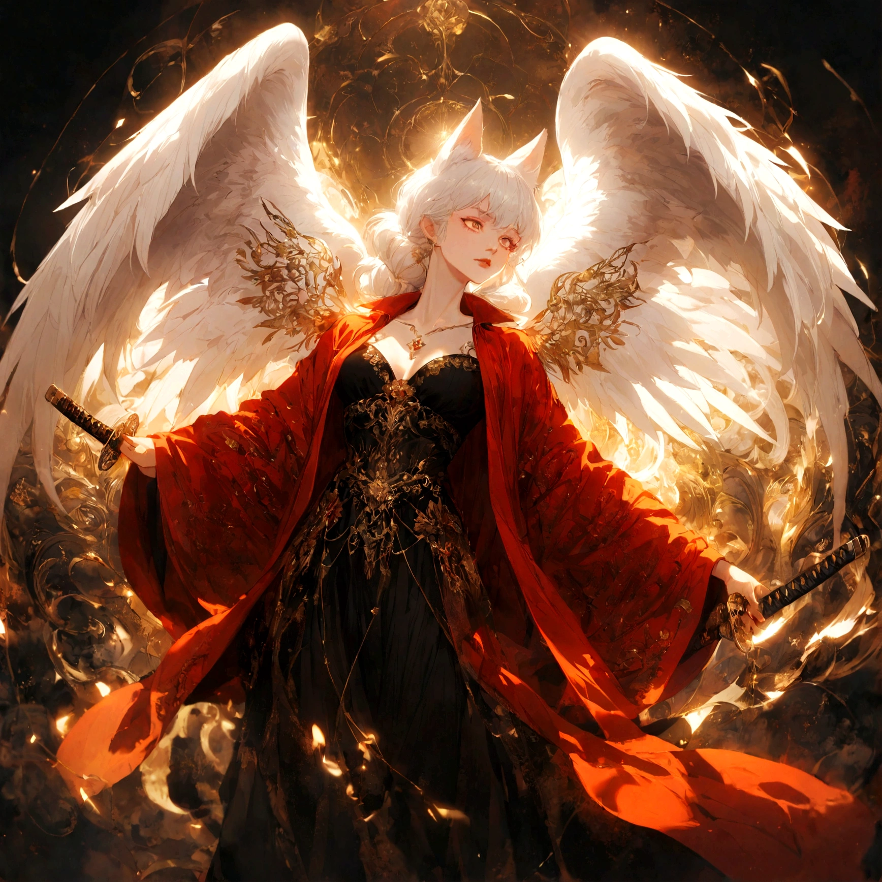 A white haired female fox person in a red trenchcoat wearing a black bustier under it along with a black skirt, has a katana on her back and angel wings