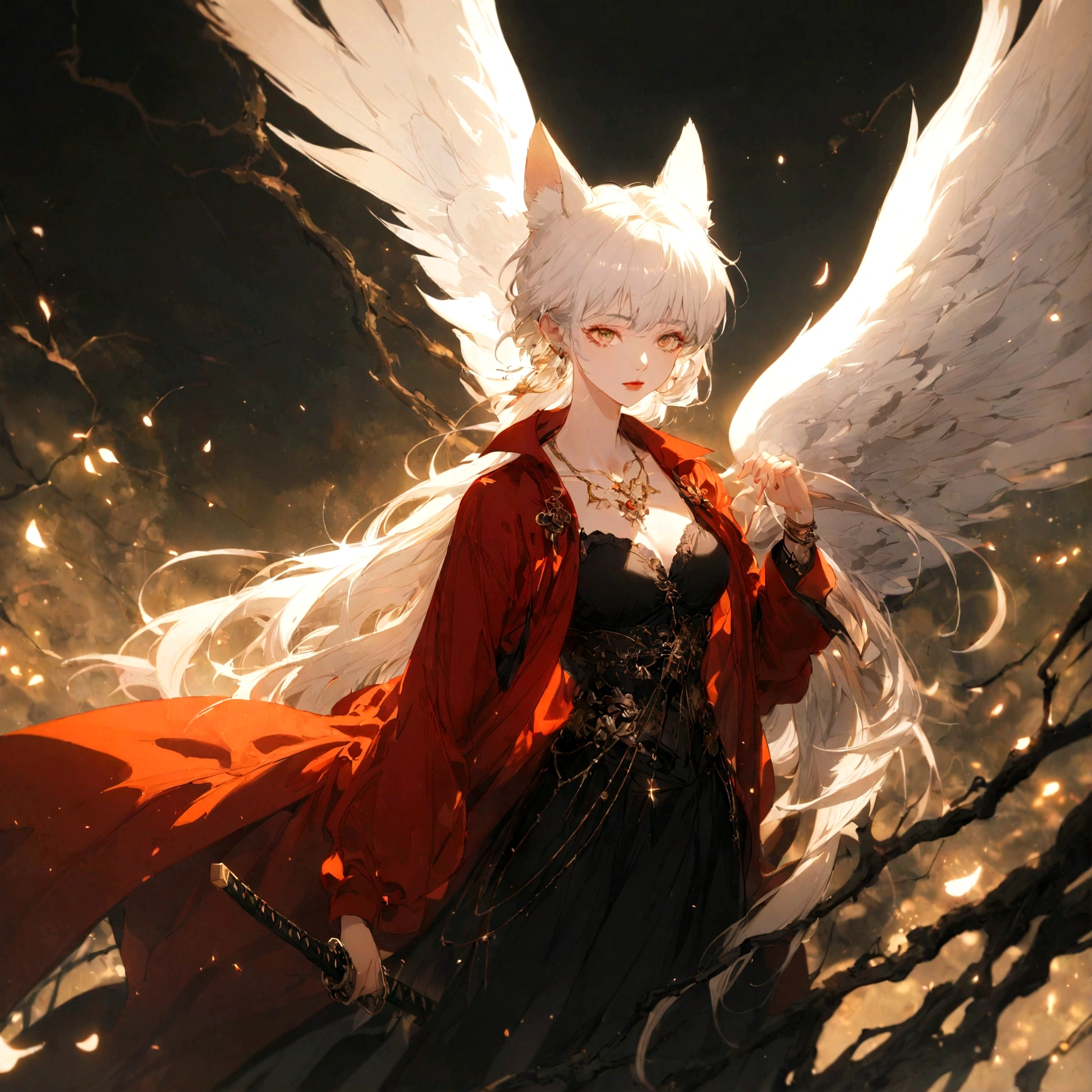 A white haired female fox person in a red trenchcoat wearing a black bustier under it along with a black skirt, has a katana on her back and angel wings