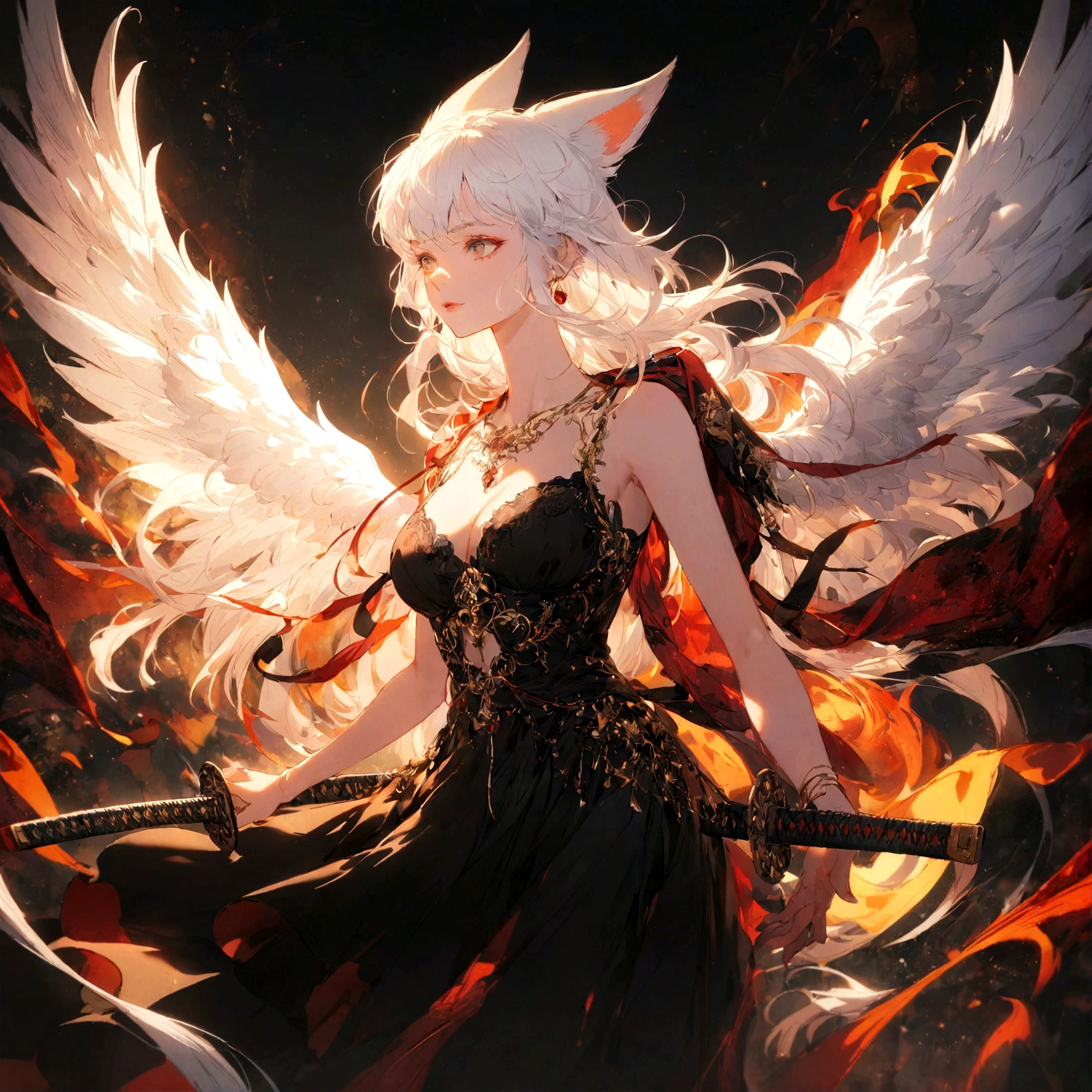 A white haired female fox person in a red trenchcoat wearing a black bustier under it along with a black skirt, has a katana on her back and angel wings